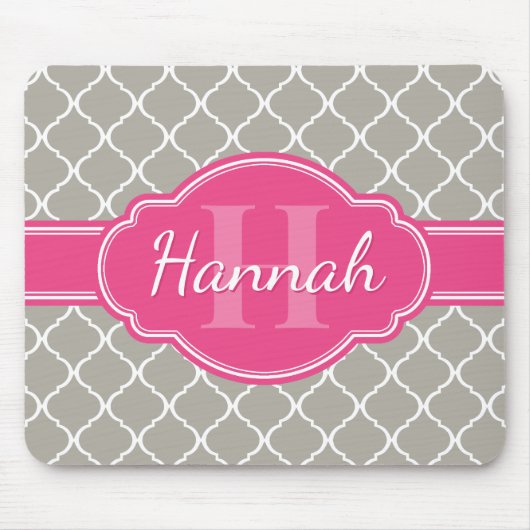 灰色の白い格子パターンピンクモノグラム マウスパッド (正面)