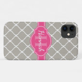 灰色の白い格子パターンピンクモノグラム Case-Mate iPhoneケース (裏面(横))