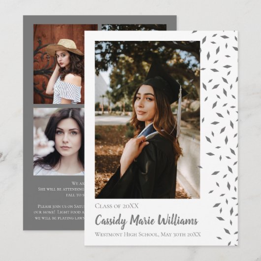 灰色の白い紙吹雪卒業発表 招待状 (正面/裏面)