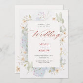 灰色の白い野の花の結婚水色 招待状 (正面/裏面)