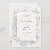 灰色の白い野生の花の水色ブライダルシャワー 招待状 (正面/裏面)