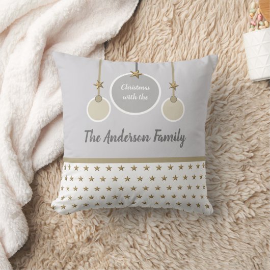 灰色の白と金ゴールドの星と名前クリスマス クッション (ブランケット)