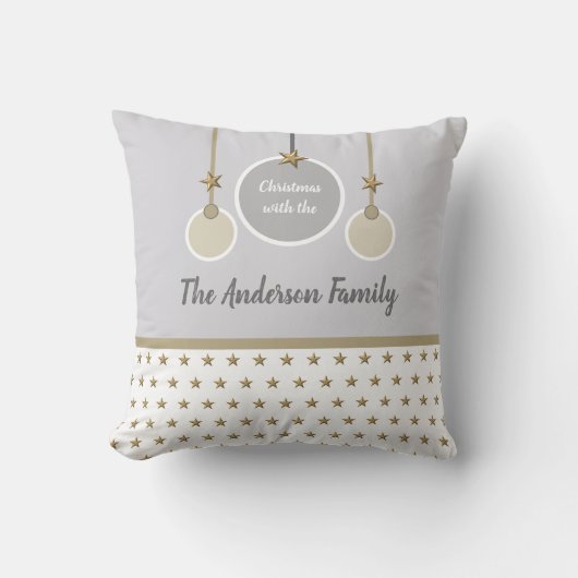 灰色の白と金ゴールドの星と名前クリスマス クッション (正面)