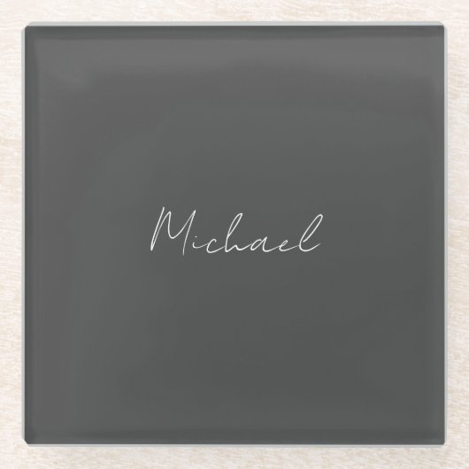 灰色の白の手書きミニマリストあなたの名前 ガラスコースター (正面)