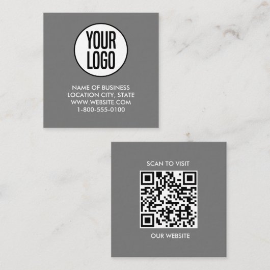灰色の白カスタム色のロゴとQRコード スクエア名刺 (正面/裏面)