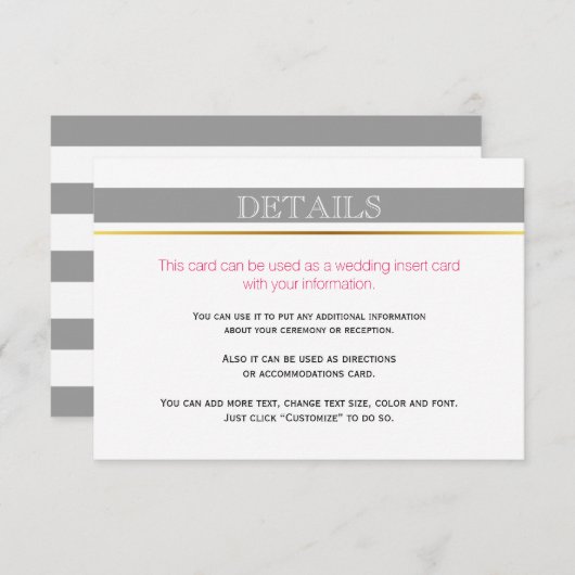 灰色の白ストライプい金ゴールド、ピンク結婚の挿入カード エンクロージャーカード (正面/裏面)