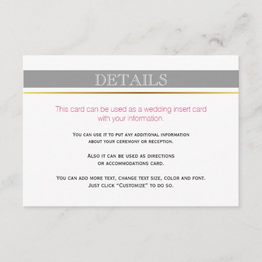 灰色の白ストライプい金ゴールド、ピンク結婚の挿入カード エンクロージャーカード (正面)