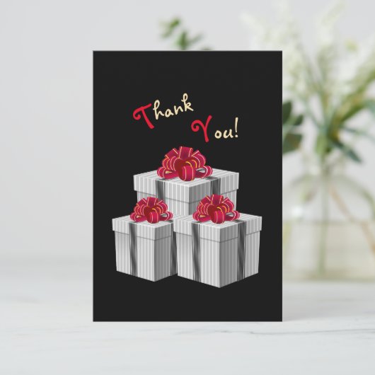 灰色の白ピンスプレイ赤い弓プレゼントオンブラック サンキューカード (スタンド正面)