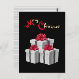 灰色の白ピンスプレイ赤い弓プレゼントオンブラック ポストカード