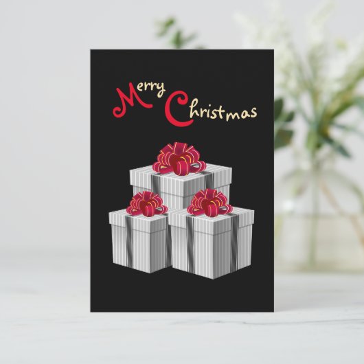 灰色の白ピンスプレイ赤い弓プレゼントオンブラック 招待状 (スタンド正面)