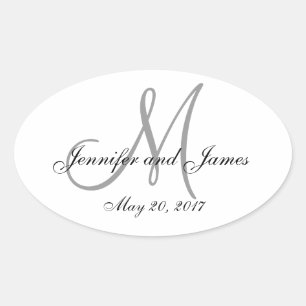 灰色の白モノグラム結婚楕円ラベル 楕円形シール