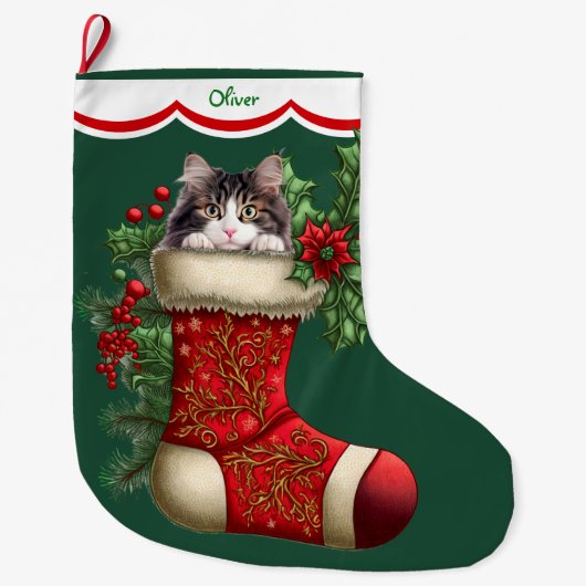 灰色の白猫のぞき ラージクリスマスストッキング (正面)