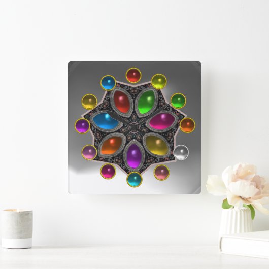 灰色の白玉の輝くカラフル星 スクエア壁時計 (ホーム)