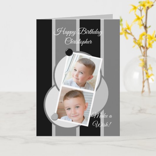 灰色の白黒の写真ストライプ誕生日 カード (黄色い花)