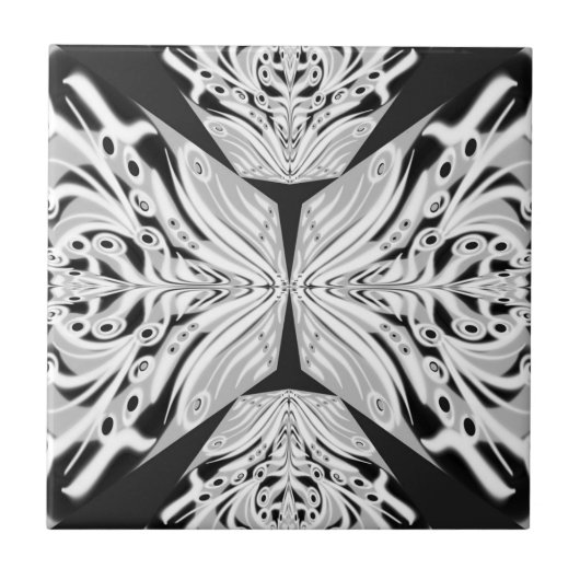 灰色の白黒の蝶の翼のある抽象芸術 タイル (正面)