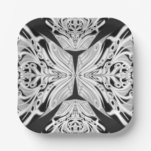 灰色の白黒の蝶の翼のある抽象芸術 ペーパープレート (正面)