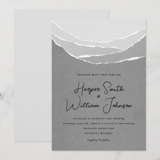 灰色の破れた紙の山の結婚式招待状 招待状 (正面/裏面)