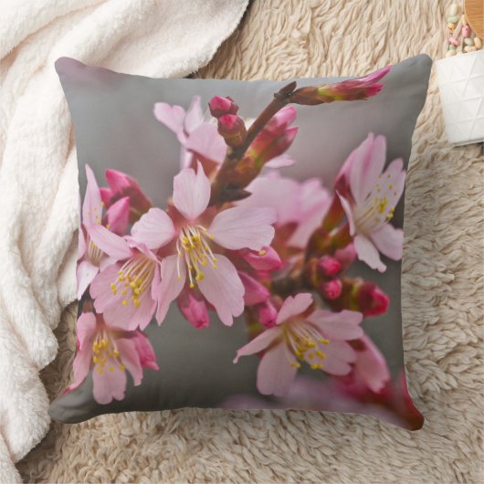 灰色の空にピンク色の日本のさくらんぼ クッション (ブランケット)