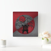 灰色の竹の赤い月のミニパゴダ スクエア壁時計 (ホーム)