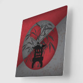 灰色の竹の赤い月のミニパゴダ スクエア壁時計 (傾斜)