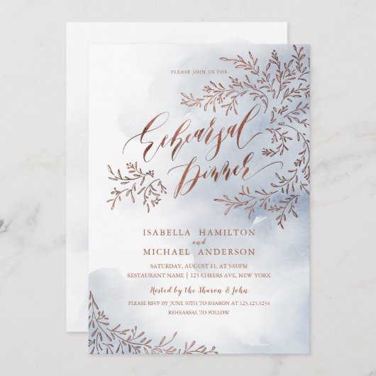 灰色の素朴なフローラ書道のリハーサルディナー 招待状 (正面/裏面)