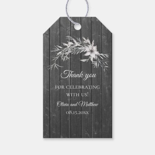 灰色の素朴な。フローラ結婚の木納屋ありがとう ギフトタグ (正面)