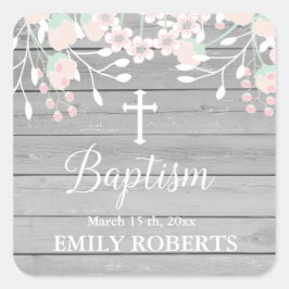 灰色の素朴木材赤面フローラ洗礼 スクエアシール