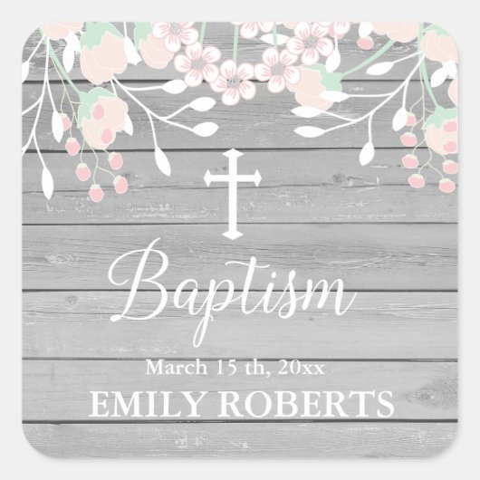 灰色の素朴木材赤面フローラ洗礼 スクエアシール (正面)