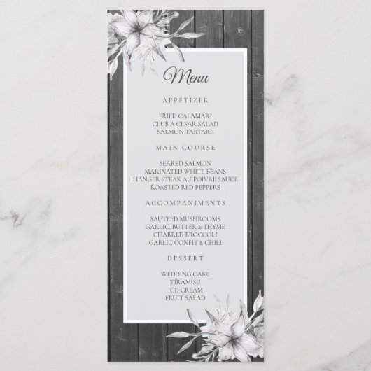 灰色の素朴。 花の結婚式木納屋 メニュー (正面)