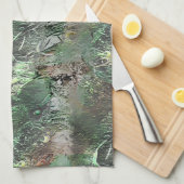 灰色の緑の奇妙なテクスチャと抽象芸術スカル キッチンタオル (四つ折り)