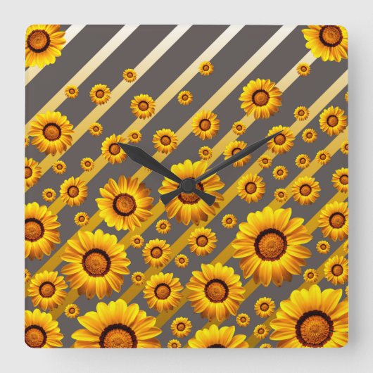 灰色の美しい黄色の花、金ゴールドストライプ スクエア壁時計 (正面)