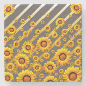 灰色の美しい黄色の花、金ゴールドストライプ ストーンコースター (正面)