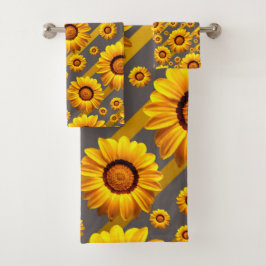 灰色の美しい黄色の花、金ゴールドストライプ バスタオルセット