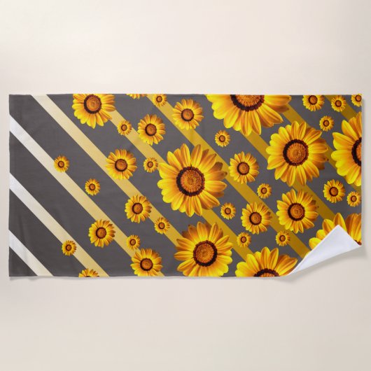 灰色の美しい黄色の花、金ゴールドストライプ ビーチタオル (正面)