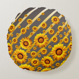 灰色の美しい黄色の花、金ゴールドストライプ ラウンドクッション