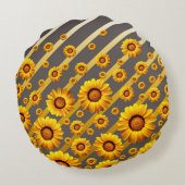 灰色の美しい黄色の花、金ゴールドストライプ ラウンドクッション (裏面)