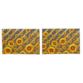 灰色の美しい黄色の花、金ゴールドストライプ 枕カバー