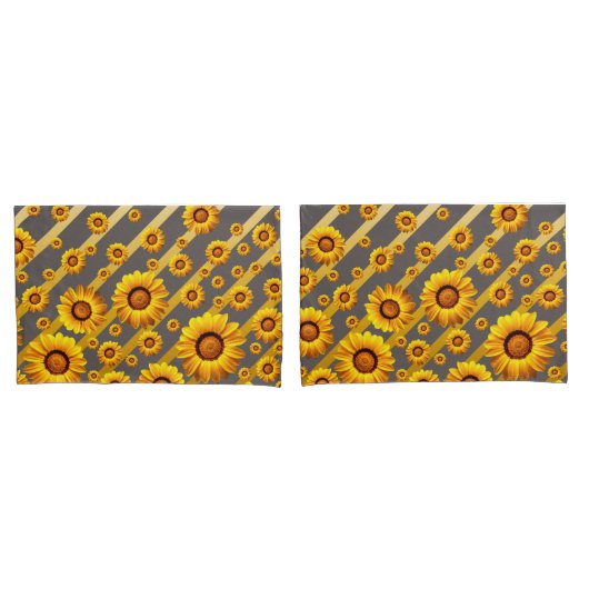 灰色の美しい黄色の花、金ゴールドストライプ 枕カバー (フロントセット)