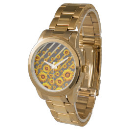 灰色の美しい黄色の花、金ゴールドストライプ 腕時計