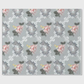 灰色の背景にピンクと白の花 ラッピングペーパー (フラット)