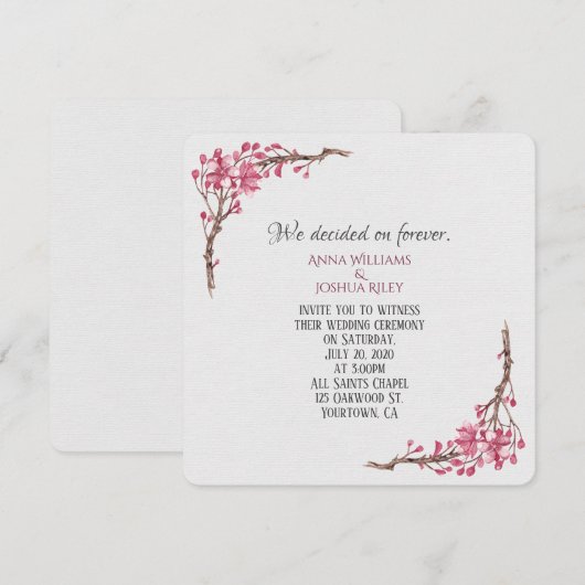 灰色の背景にピンクの水彩花の枝 招待状 (正面/裏面)