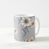 灰色の背景に白と灰色の花模様 コーヒーマグカップ (正面右)