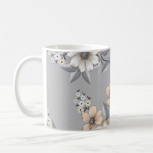 灰色の背景に白と灰色の花模様 コーヒーマグカップ (左)