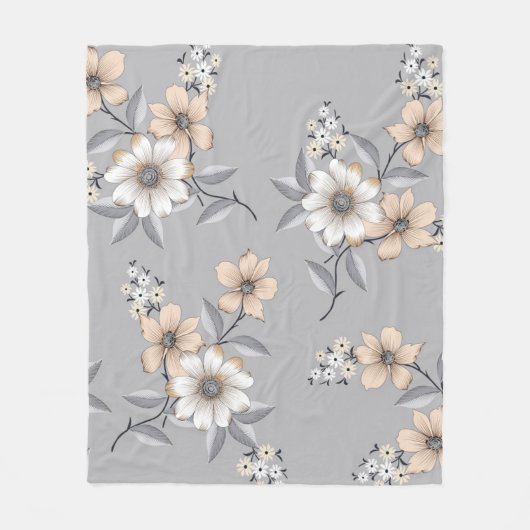灰色の背景に白と灰色の花模様 フリースブランケット (正面)