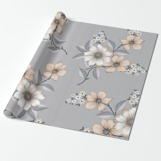 灰色の背景に白と灰色の花模様 ラッピングペーパー (アンロールド)