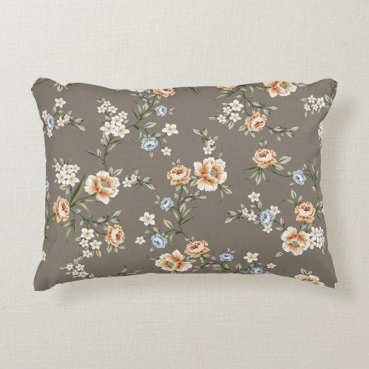 灰色の背景に葉模様のかわいい花 アクセントクッション (正面)