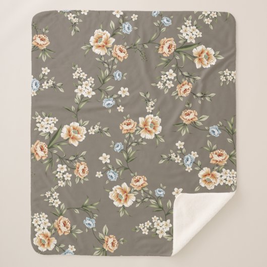 灰色の背景に葉模様のかわいい花 シェルパブランケット (正面)