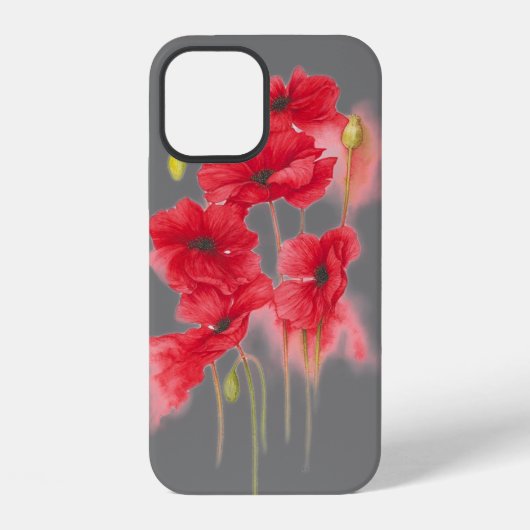 灰色の背景に赤いポピー iPhoneケース (裏面)