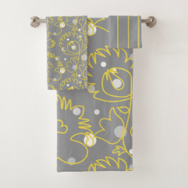 灰色の背景に黄色の実線 バスタオルセット