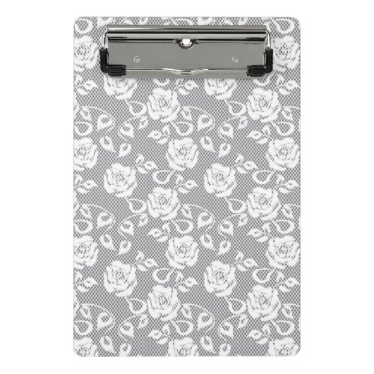 灰色の背景の白いレースパターン ミニクリップボード (正面)